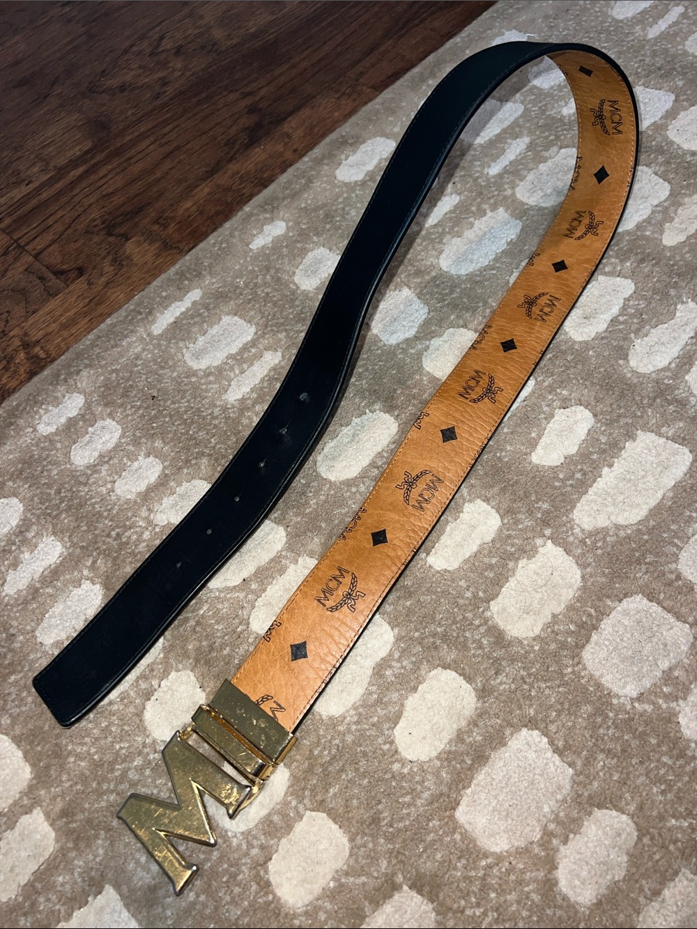 MCM Reversible Leather Belt in Black and Tan with Gold M Buckle